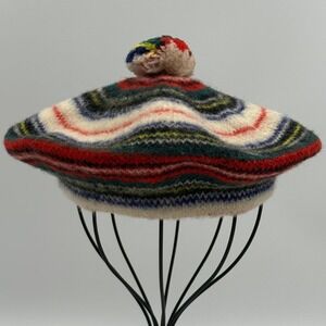 Vintage L.L. Bean Pure Wool Beret Hat Made in Scotland Striped Tam O Shanter Pom